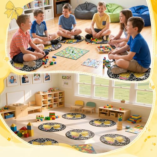 6 Pcs Pencil Bow Carpet Circle Seats for Classroom Decorations 17 Inch Pencil Bow Composition Notebook Rug Bulk Non Slip Floor Cushion Mat for Preschool Kindergarten Daycare Reading Corner