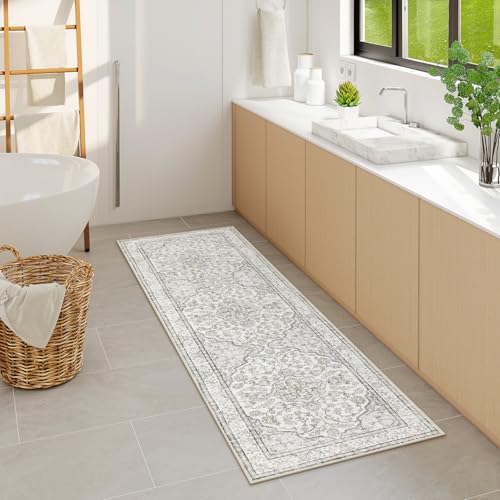 Lahome Oriental Bathroom Runner Rug,Washable 2x6 Beige Kitchen Runner Rug Non Skid Hallway Runner,Ultra-Thin Soft Rug Boho Indoor Floor Carpet Runner 6ft for Bedroom Entrway Laundry Room Helena