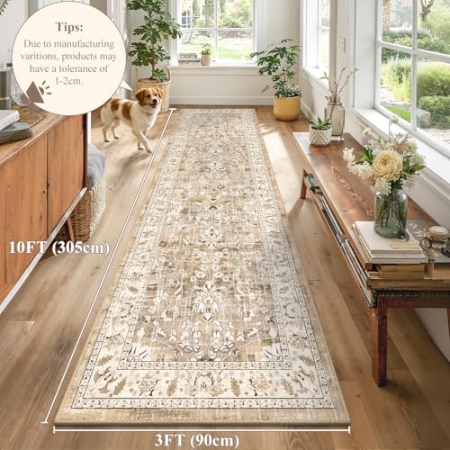 LOKHOM 3x10 Washable Hallway Runner Rug, Boho Non-Slip Kitchen Rugs, Beige