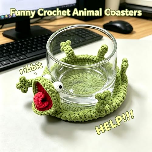 Funny Crochet Lizard Coaster, Handmade Animal Mug Rug Coaster, Cute 3D Amigurumi Drink Mat for Coffee Table Desk Home Decor Housewarming Gift (Blue+Green)