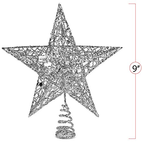 Ornativity Silver Star Tree Topper - Christmas Silver Glitter Sparkle Star Ornament Holiday Decor Top Toppers Xmas Decoration 9"