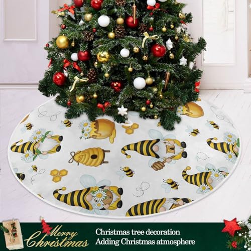 Spring Gnomes Bee Tree Skirt 36" Yellow Honey Flowers Dwarf Christmas Tree Skirts Rustic Farmhouse Xmas Mat for Holiday Festival Party Decor