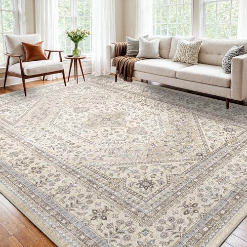 10x12 Washable Area Rug for Living Room - Non-Slip Vintage Rugs Beige Gray