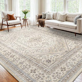 10x12 Washable Area Rug for Living Room - Non-Slip Vintage Rugs Beige Gray