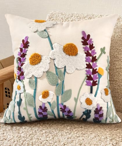 Embroidered Throw Pillow Cover, 18x18 Inch, Wildflower