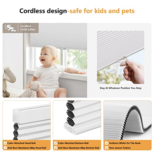 LazBlinds Cordless Cellular Shades, Blackout Privacy Honeycomb Shades for Home, Thermal Insulation Noise Reduction Blinds for Windows, 34'' W x 48'' H, White