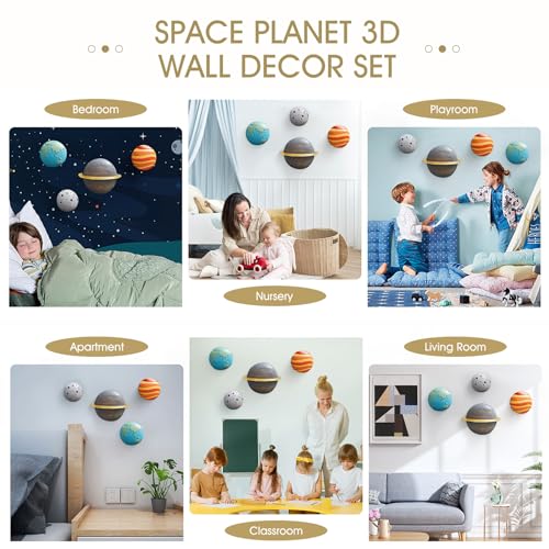 4Pcs Outer Space Planets Wall Decor, Cute Astronauts Galaxy Planet Nursery Wall Sculptures, 3D Outer Space Theme Hanging Art for Kids Room Boys Bedroom