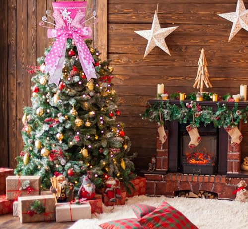 Christmas Tree Topper Hat, Xmas Tree Toppers Large Pink Hat with Lengthened Ribbon, Christmas Tree Ornaments for Christmas Holiday, Boots Snowflake, Pink