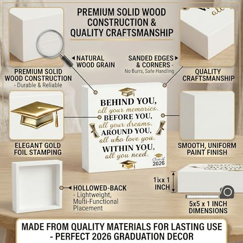 Graduation Decorations 2026 College Graduation Gifts Her for Him Quote Wood Box Sign Decor Desk Sign Positive Behind You All Your Memories Wooden Box Block Sign Rustic Home Shelf Wall Decoration