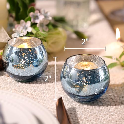 Round Blue Votive Candle Holder Set of 12, Mercury Glass Votives