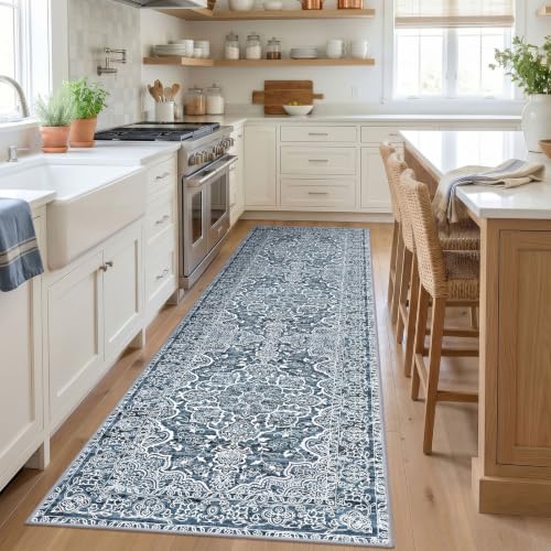 Vintage Washable Runner Rug 3x12 Wide Hallway Kitchen Rugs Blue White