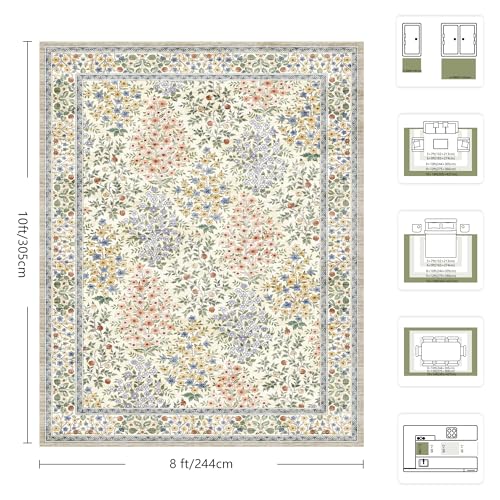 8x10 Area Rugs, Machine Washable Low Pile Floral Rugs for Living Room, Bedroom, Large Boho Area Rug with Non-Slip Backing for Dining Room(Beige Floral)