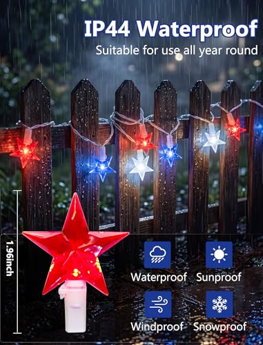 13.6Ft LED Red White and Blue Star String Lights, 4th of July Decorations Lights Outdoor with 35 LED Patriotic Star Lights Plug in, Hanging Patriotic Lights for Independence Day Party Patio Garden