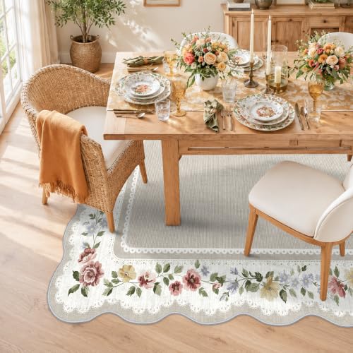HAOYUNLAI Washable 2x3 Entryway Scalloped Area Rug Low‑Pile Floral Carpet