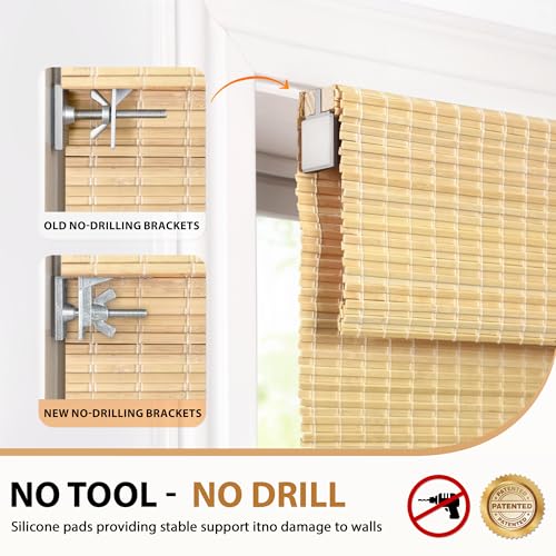 LazBlinds No Tools No Drill Cordless Bamboo Roman Shades, Privacy Room Darkening Window Treatment, Roll Up Bamboo Blinds for Window 26'' W x 64'' H, DP-Natural