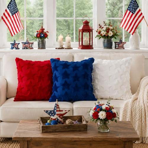 DFXSZ 4th of July Pillow Covers 18x18 inch Set of 2 4th of July Decor Blue Stars Decoration Soft Plush Faux Fur Jacquard Throw Pillows Independence Day Decorations for Bedroom Sofa Holiday PTK025A18