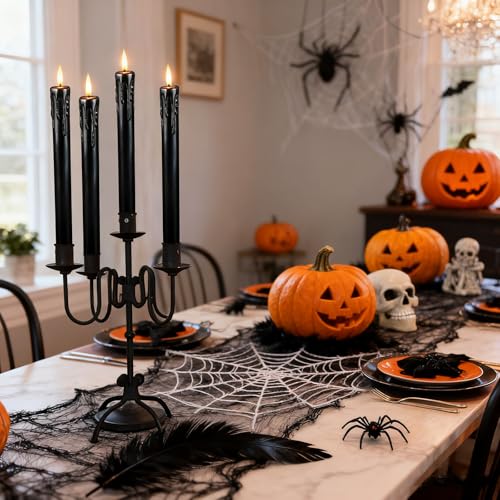 Black Flameless Taper Candles, Halloween Indoor Party Decorations, Real Wax