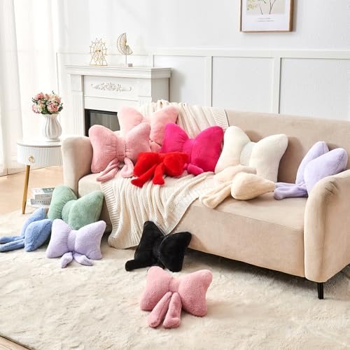 Pink Bow Pillow,12'' Bow Shaped Pillow with Faux Rabbit Fur,Soft Bow Throw Pillows Aesthetic Bow Decorative Pillows for Bed Sofa Couch Home Decor