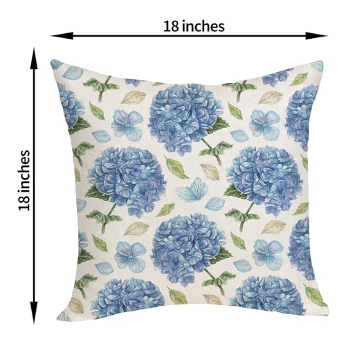 Spring Floral Pillow Covers 18x18 Pack of 2 Blue Hydrangea Flower Throw Pillow Covers Decoration,Summer Holiday Decor Pillowcase Rustic Farmhouse Linen Cushion Case for Home Sofa Couch Outdoor