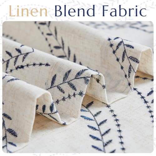 jinchan Boho Linen Blend Beige Farmhouse Curtains 84 Inch Length 2 Panels Set Blue Embroidered Leaf Living Room Ogee Geometry Drapes Light Filtering Curtains Grommet Blue on Flax