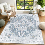 3x5 Washable Rug, Vintage Medallion Small Carpet for Living Room and Bedroom, Low Pile Indoor Entryway Rug with Non-Slip Silicone Backing, Non-Shedding, Blue/Gray