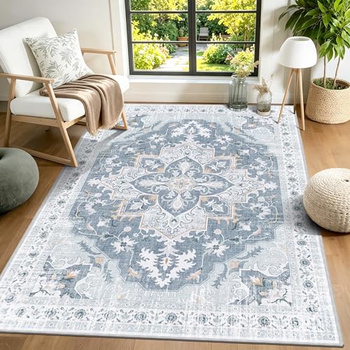 3x5 Washable Rug, Vintage Medallion Small Carpet for Living Room and Bedroom, Low Pile Indoor Entryway Rug with Non-Slip Silicone Backing, Non-Shedding, Blue/Gray