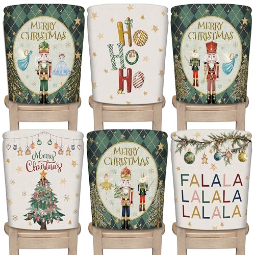 Christmas Chair Covers Set of 6 Green Nutcracker Christmas Tree Chair Back Covers Holiday Dining Chair Slipcovers Protector Kitchen Dining Room Decor Festival Party Decoration