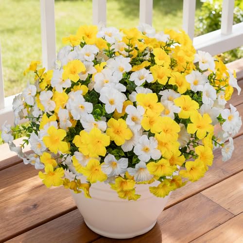 12 Bundles Artificial Flowers for Outdoors,UV Resistant Fake Silk Morning Glory Flowers Faux Plastic Plants for Planter Front Door Window Box Patio Yard Porch Indoor Home Decor (Yellow,White)