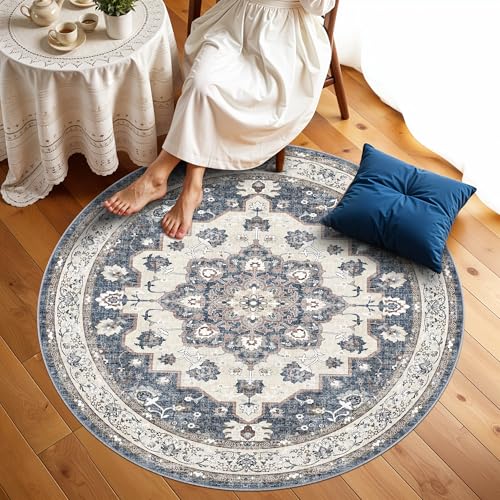Washable Living Room Circle Rug: 6ft Round Rugs for Bedroom Dining Room Indoor Oriental Ultra Thin Soft Carpet Water Resistant Floral Distressed Non-Shedding Floor Carpets Home Decor (6ft-Round,Blue)