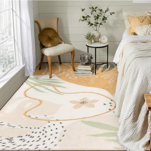 Lahome Non-Slip Rug for Living Room - 4x6 Washable Lightweight Large Area Rug Boho Throw Soft Carpet for Bedroom, Taupe Botanical Print Indoor Rugs for Kids Nursery Kitchen Entryway Dining Room
