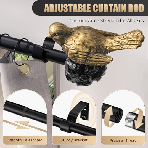 Vintage Black Curtain Rod 18 to 45 Inches Curtain Rods for Windows Adjustable Heavy Duty Drapery Rod with Gold Bird Finials for Kitchen Window Living Room