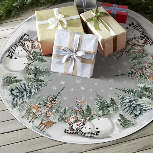 AVOIN colorlife Snowman Reindeer Snowflake Christmas Tree Skirt 48 Inch, Winter Holiday Tree Mat Decoration