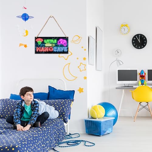 Little Man Cave, Neon Gaming Wooden Door Sign for Gamer Room Decor, Boys Decorations for Bedroom Nursery Playroom Wall Art (5"x10") -A06
