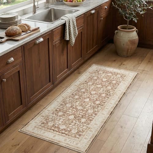 jinchan 2x5 Vintage Floral Runner Rug, Washable Non Slip, Taupe