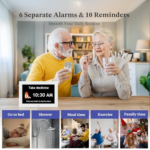 7" Black& 10.1" White Dementia Clock Set (2-Pack) - Large Digital Display with Date/Time, Auto Dimming, 6 Alarms, Remote Control