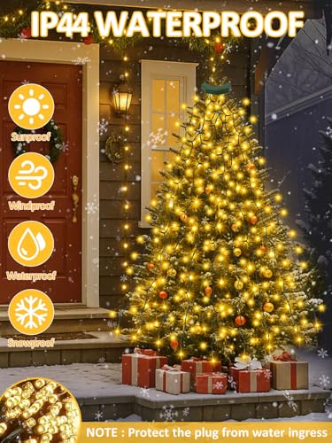 2025 New Christmas Tree Lights with Voice Control Outdoor/Indoor, 480LED 8FT 16 Lines Cascading Twinkle Lights Green Wire,12 Modes & Timer, Waterproof Waterfall Lights for Xmas Decor (Warm White)
