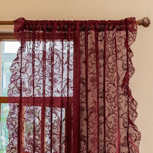 TUDECO Burgundy Sheer Curtains 84 Inches Long for Living Room - Luxury Modern Maroon Red Sheer Curtains for Bedroom, Aesthetic Tulle Rod Pocket Light Filtering Farmhouse Red Drapes, 59 x 84 Inch