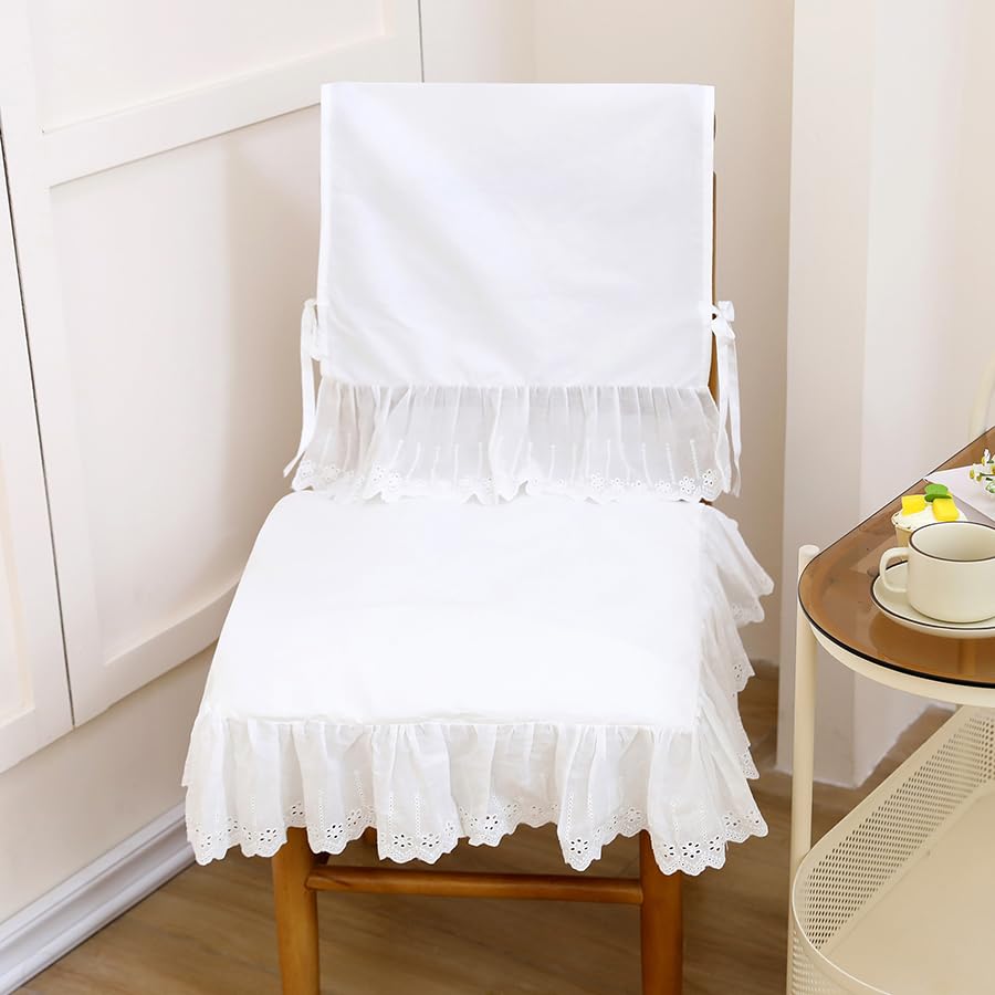 Farmhouse Ruffled Lace Chair Cover Set (1 Back Cover + 1 Seat Cover), White Dining Chair Protector with Lace Trim for Kitchen, Wedding Decor (18 Inch)