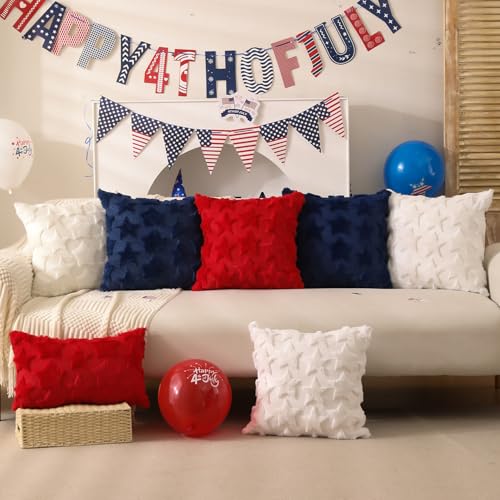 DFXSZ 4th of July Pillow Covers 18x18 inch Set of 2 4th of July Decor Blue Stars Decoration Soft Plush Faux Fur Jacquard Throw Pillows Independence Day Decorations for Bedroom Sofa Holiday PTK025A18