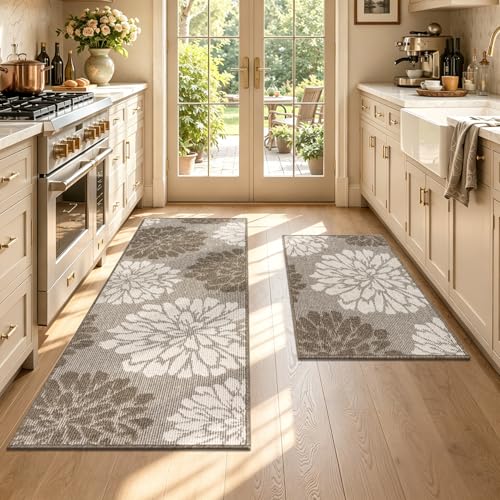Findosom Kitchen Rugs Sets of 2, Floral Washable Kitchen Runner Rug, Brown