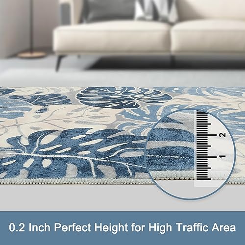 Wonnitar Tropical Washable 3x5 Entry Rug, Leaf Blue Small Rugs for Bedroom, Botanical Non-Slip Living Room Carpet Low Pile Indoor Floor Carpet for Mud Room Dining Table Doorway