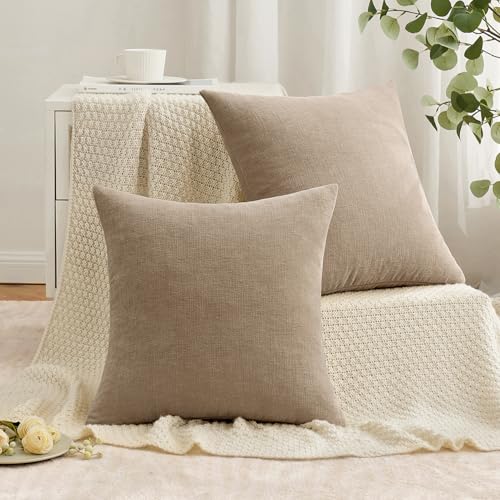 MIULEE Light Brown Couch Pillow Covers 18x18 Inch, Set of 2 Chenille Decorative Square Throw Pillow Covers Farmhouse for Sofa Living Room Bed