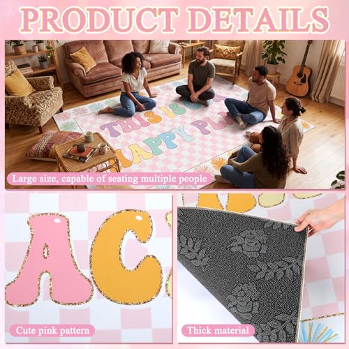 Breling 8'4" x 6' This is Our Happy Place Classroom Rug Pink Checkered Large Area Rug for Kids Educational Play Carpet for Playroom Preschool Kindergarten, This is Our Happy Place Classroom Decor