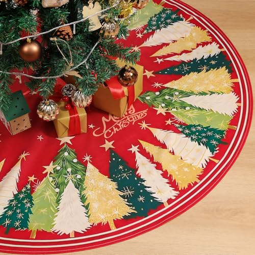Multiwins Christmas Tree Skirt 48 Inch, Red Christmas Tree Skirt with Christmas Tree and Star Design, Thick Flannel Fabric, Xmas Tree Skirt for Holiday Decorations