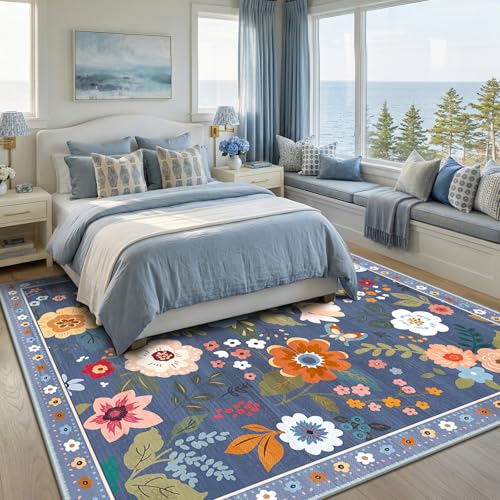 RELEANY Floral Washable Square 8ft Area Rug Blue/Grey