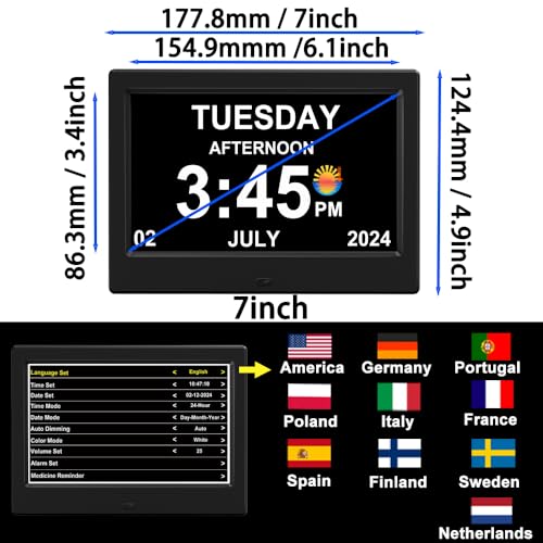 (No Power Adapter Alarm Clock with Day and Date for Elderly 7inch Digital Calendar Clock Photo Frame- Auto Dimmable Display 15 Alarm Options, Clock with Non-Abbreviated Day & Month