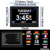 (No Power Adapter Alarm Clock with Day and Date for Elderly 7inch Digital Calendar Clock Photo Frame- Auto Dimmable Display 15 Alarm Options, Clock with Non-Abbreviated Day & Month