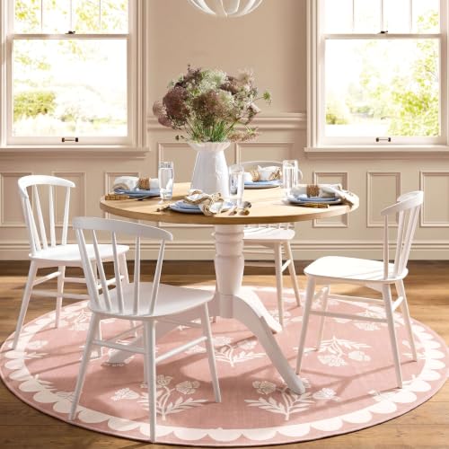 Pink Round Rug 4ft - Soft Washable Boho Floral Round Bedroom Rug
