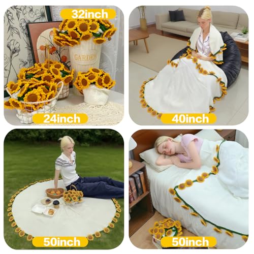 Crochet Sunflower Bouquet Blanket, Handmade Flower Blankets, 59 Inch Round Floral Knitted Gifts for Mother's Day, Birthday, Teacher, Friend, Home Decor, Sofa（Finished Product）