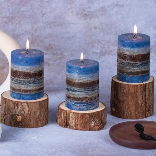 Layered Pillar Candles Set of 3, 3"x 4" Table Decor Blue Coffee